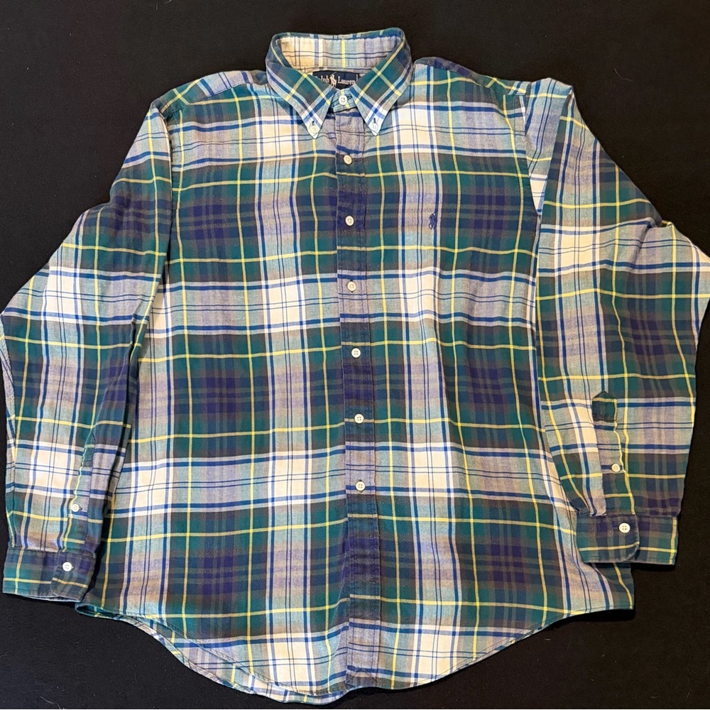 Ralph Lauren Blue Yellow Green Plaid 100% Cotton Long Sleeve Mens XL